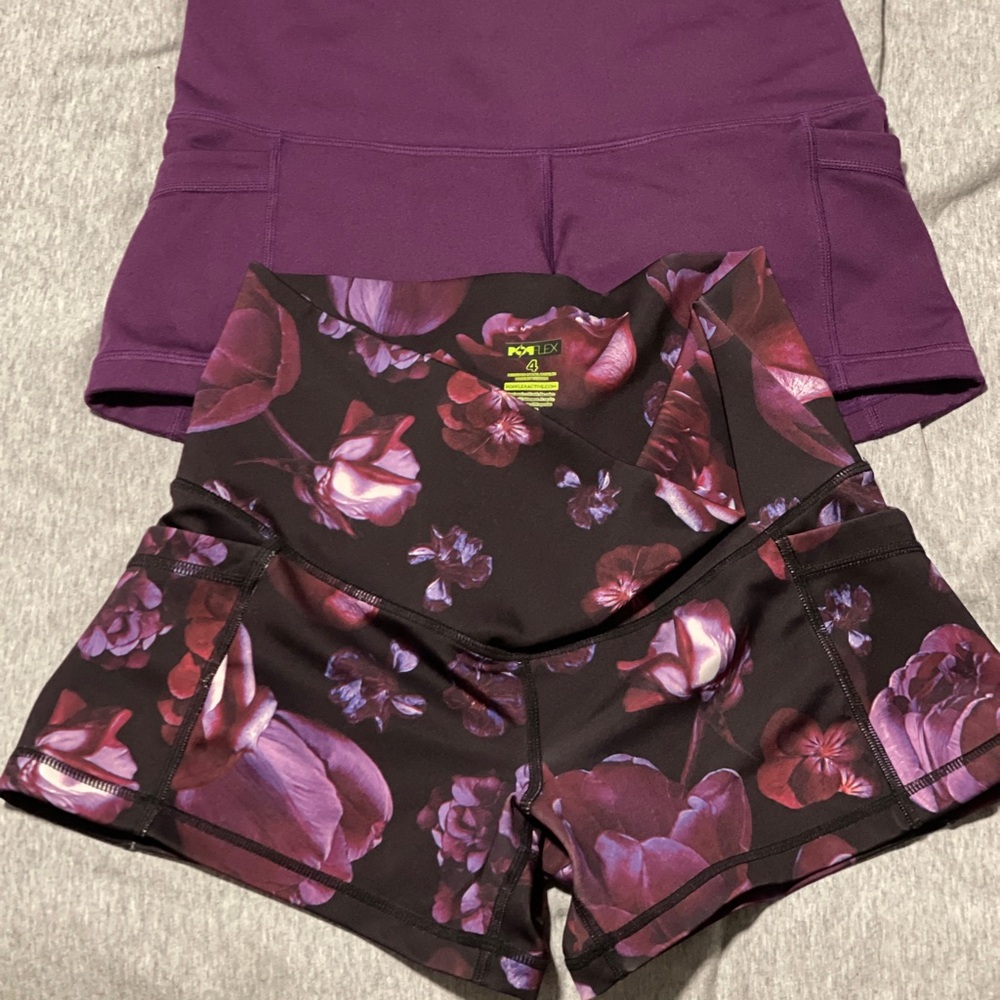 POPFLEX Purple and Black Athletic Shorts with Floral Design